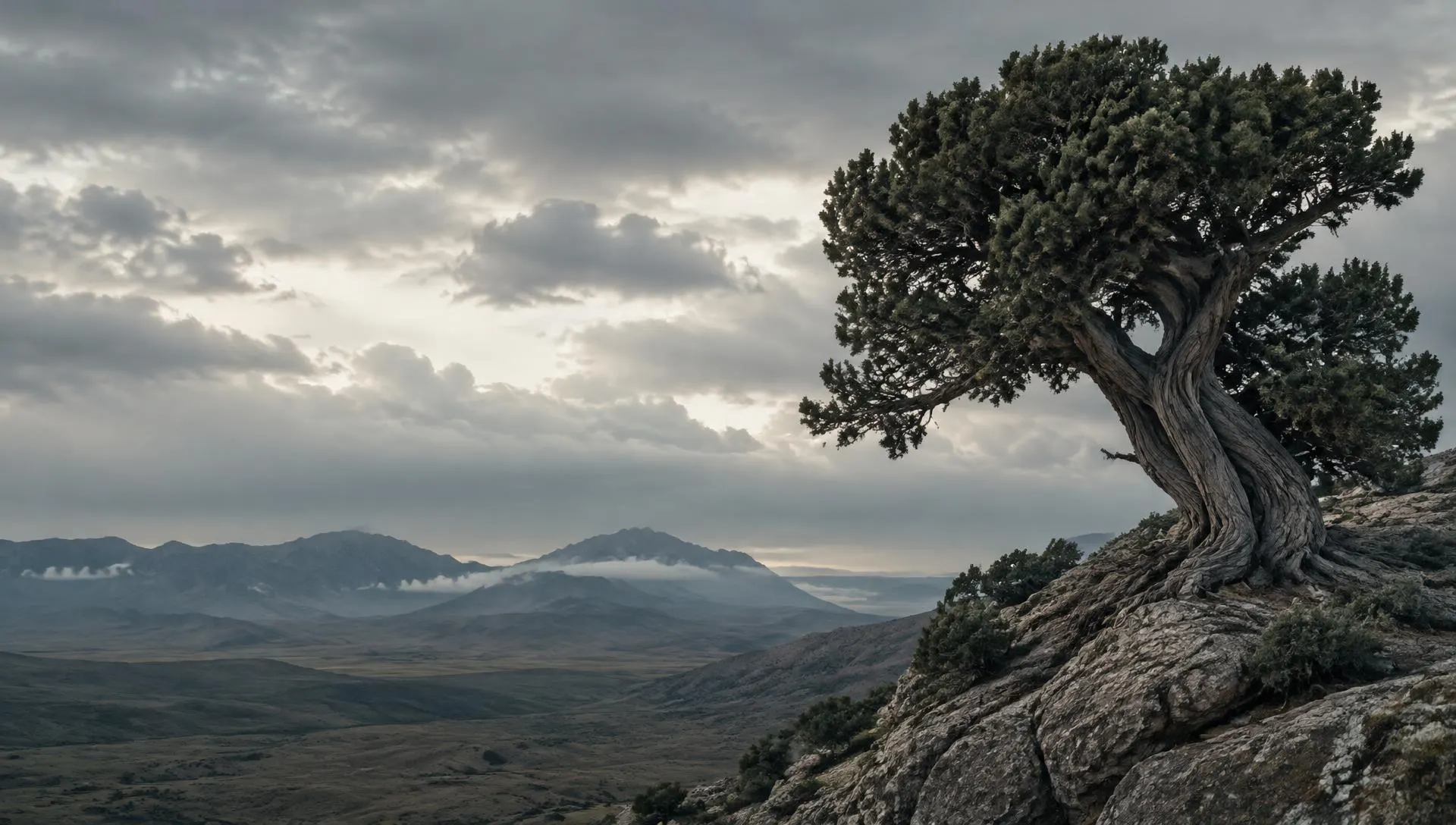 Hero: generated visual study of a juniper tree — not a portfolio credit.